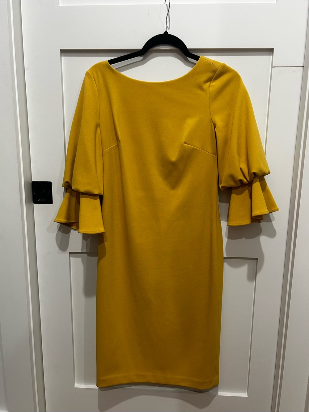 Calvin Klein Mustard Yellow Ruffle Sleeve Midi Sheath Dress